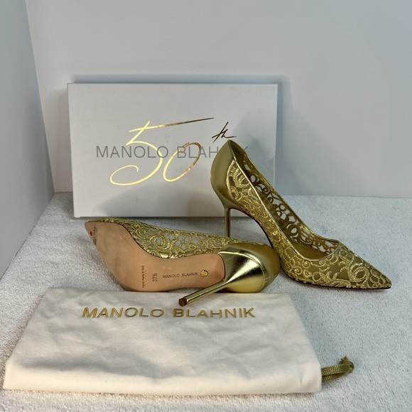New! Never Worn! 50th Anniversary Manolo Blahnik Gold Heels!